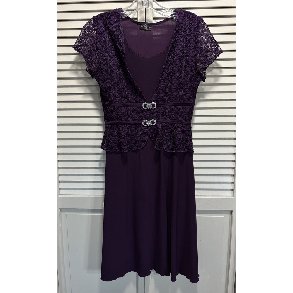 Jubi USA Purple Fit Flare Short Sleeve Lace Top Dress‎ Size Sm Scoop Rhinestone